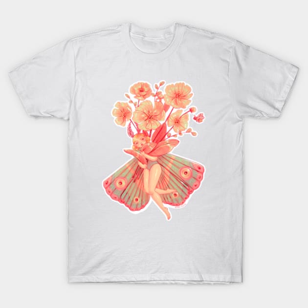 Butterfly girl with flowers and a small bee in springtime T-Shirt by Mard_Illus